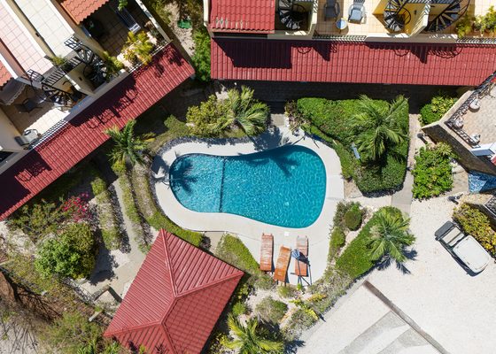 Aerial view of homes and pools near the beach